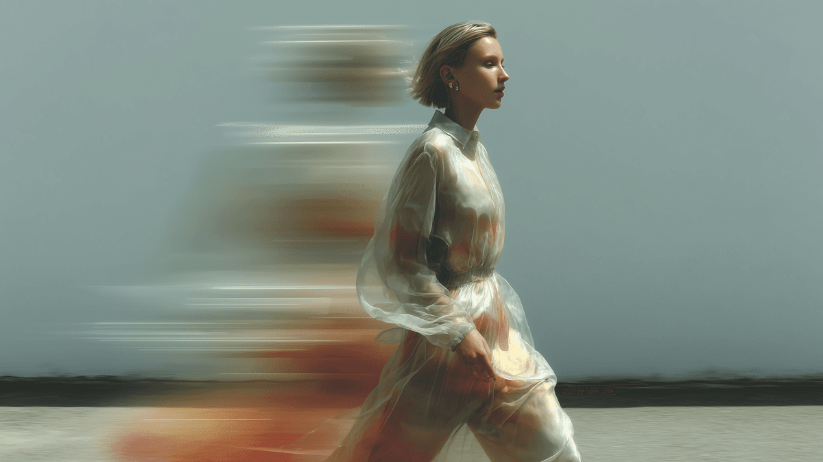 Woman moving through a blurred workspace